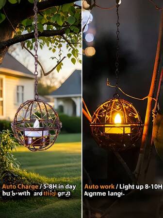1/2pcs Outdoor Waterproof Hanging Solar Lantern, Solar Powered Flickering Tea Light Candle Holder, Rechargeable Hanging Lamp For Backyard, Garden, Fence