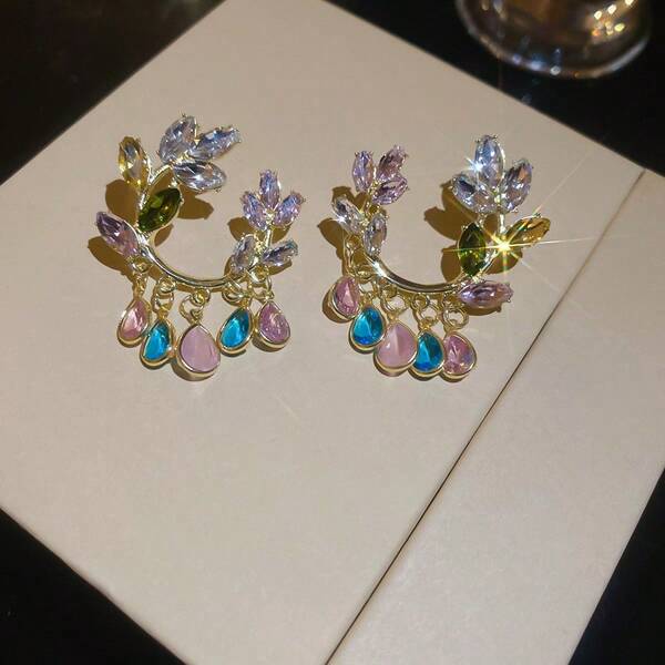 Flower Tassel Drop Earrings With Zirconia Vacation Fashion Niche Jewelry For Women
