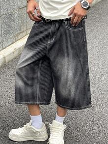 男士黑色条纹提花牛仔七分裤，宽松美式街头风格休闲牛仔短裤，适合送给男朋友、丈夫