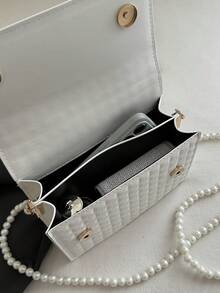 Túi xách mini đeo vai/đeo chéo vuông hai lớp bằng da PU kẻ caro phong cách tối giản dành cho nữ, dây xích ngọc trai giả. - Màu be - Xem 9