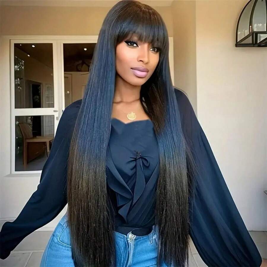 Silky Straight Human Hair Wigs With Bang Full Machine Made Wigs 8-30inch For Women Natural Color Remy Brazilian Human Hair Wigs 250% Density - Natural Black - 查看 1