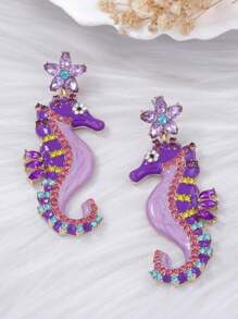 1pc Fashionable Elegant Ocean Holiday Style Geometric Rhinestone Inlaid Star & Seahorse Colored Symmetrical Dangle Earrings