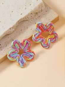 1 Pair Handmade Raffia Straw 6-Petal Flower Stud Earrings In Contrasting Colors Like Beige, Blue, Green, Pink - Bohemian Style, Suitable For Daily Wear