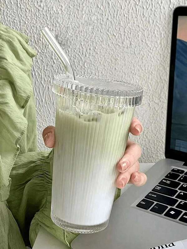 1 380ML Striped Coffee Cup, Heat-Resistant Lid Straw Glass Cup, Iced Coffee Cup, Drinking Cup, Summer And Winter Drinking Ware, Restaurant Glass Cup, Milk Cup, Iced Coffee And Juice Cup, Home, School, Office, Portable Water Bottle And Cup For Car Travel