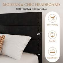 SHA CERLIN Twin/Full/Queen/King Platform Bed Frame With Velvet Upholstered Headboard, Sturdy Wooden Slats, No Box Spring Needed, Black - Black - View 5