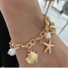 1pc Gold Starfish Conch Shell Charm Bracelet For Women Beach Resort Boho Style Shell Starfish Bracelet, Beach Resort Jewelry, Summer Jewelry, Birthday Gift