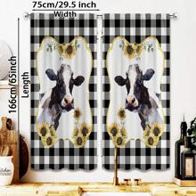 2 Panel Cow Farmhouse Kitchen Curtain Rod Pocket Short Sunflower Farm Animal Cow Plaid Pattern Living Room Bedroom Window Curtain