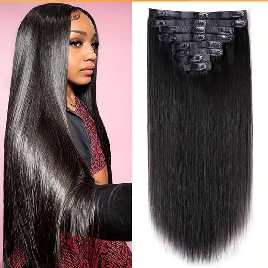 8pcs Straight Clip-In Hair Extensions For Women 18 Clips, Thick Human Hair, Double Lace Weft, 45.72-76.2 Cm, Natural Black, Comfortable & Manageable, Natural Black Hair, Basics Style
