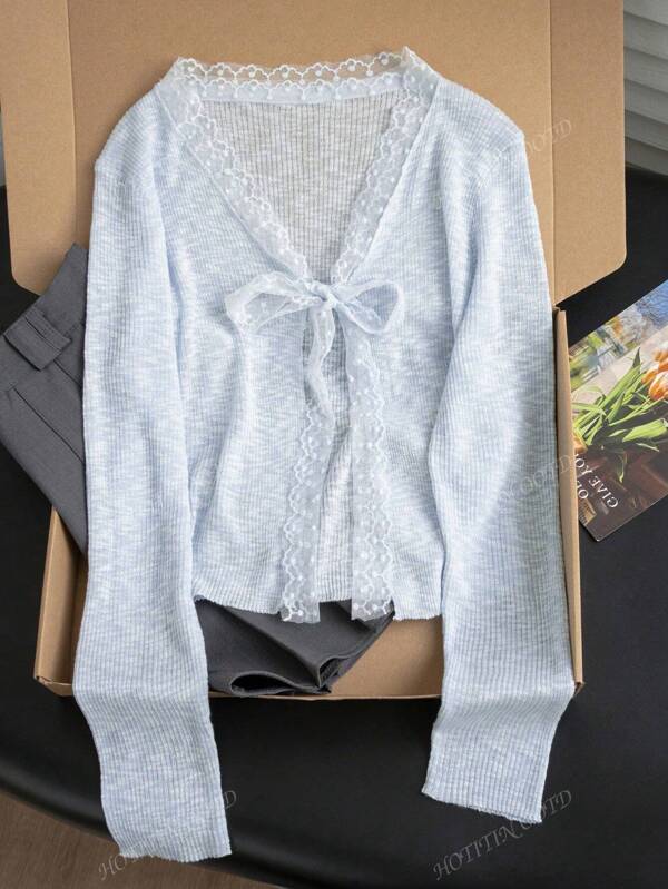 Casual Blue Short V-Neck Tie Front Long Sleeve Sunscreen Lightweight Lace Patchwork Knit Cardigan For Women, Spring/Summer/Autumn