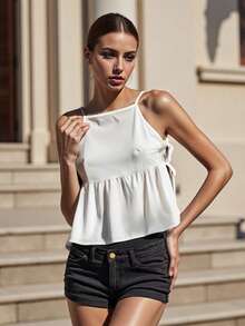 Women's Tie Strap Tank Tops Solid Plaid Pattern Side Ties Sleeveless Spaghetti Straps Camisole for Summer - Blanco - Ver 7