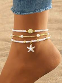 Set de 3 piezas Tobillera con colgante de estrellas de mar y conchas, decoración de perlas falsas irregulares, estilo bohemio, pulsera de tobillos apilable, adecuada para bikinis sexy de mujer, fiestas en la playa, vacaciones y regalo ideal (La cantidad y el pedido de cuentas son aleatorios)
