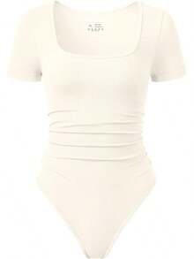OQQ Women Bodysuits Ruched Short Sleeve Square Neck Stretch Lounge Travel Bodysuits - 黃色 - 查看 1