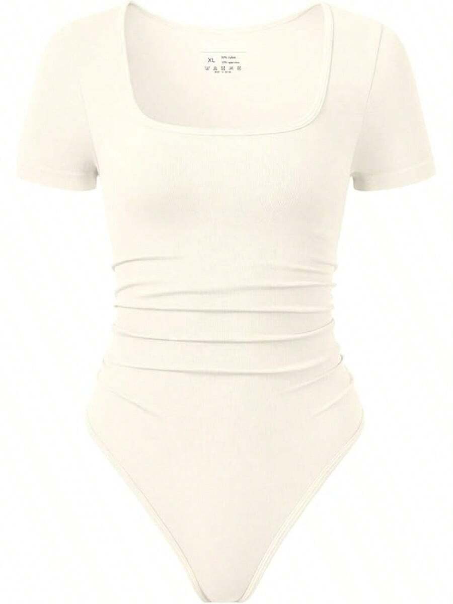 OQQ Women Bodysuits Ruched Short Sleeve Square Neck Stretch Lounge Travel Bodysuits - 黃色 - 查看 1