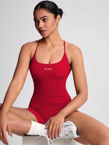 TCVC 女式露背交叉肩带连体衣，透气圆领紧身连体衣，适合瑜伽、健身房和锻炼，适合所有季节塑身连体衣 - 紅色 - 查看 6