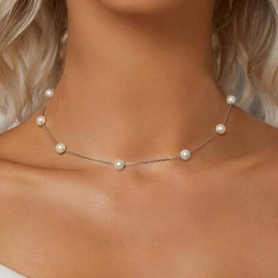 bamoer 1 pièce Collier ras-de-cou à perle coquillage en argent sterling 925, plaqué or blanc, pendentif perle, élégant, bijoux pour femmes