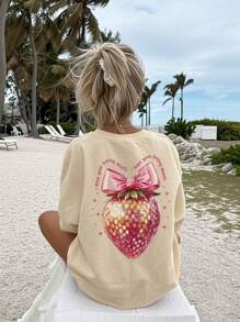 1 pieza Camiseta de manga corta y cuello redondo informal con estampado para niñas adolescentes, estampados de personajes de moda coloridos que inspiran la imaginación y la autoexpresión, ropa de estudiante de verano