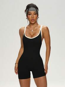 Sports Studio 女士运动连体衣，亲肤面料，修身休闲百搭，适合所有季节，运动瑜伽塑身连体衣 - 黑色 - 查看 3