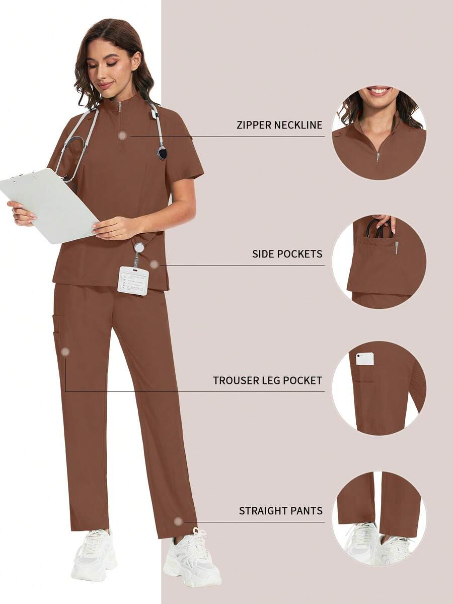 刷洗服護理用品上衣褲套裝 手術袍 臨床刷洗服 適用於美容院、SPA、醫院 工作服 棕色 秋季 - 棕色 - 查看 1
