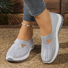 Women's Casual Breathable Slip-On Walking Sneakers - Solid Color Fabric Upper With Cut-Out Design, Lightweight PU Sole, All-Season Comfort Shoes, Plain Toe Low Top Flats - Grey - View 6
