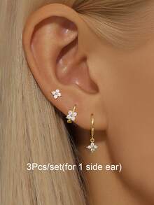 Set de 3 Pares de Aretes para Mujeres, Chapados en Oro con Zirconia, Trébol de Cuatro Hojas, Elegantes, Aretes de Aro y Colgantes, Accesorios de Joyería para Bodas - 3 piezas/juego (para 1 oreja lateral) - Ver 11