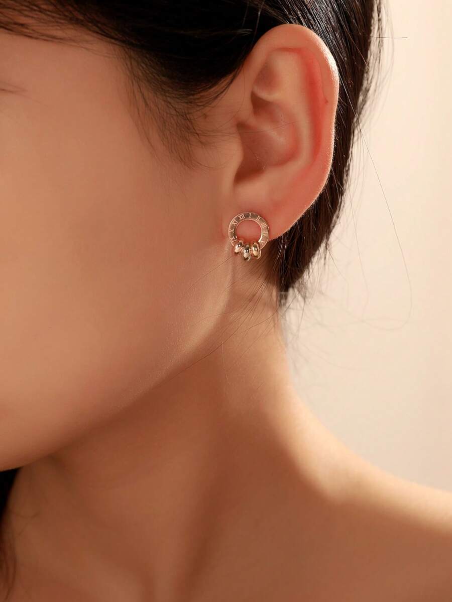 1 Par de Brincos Femininos Simples com Numerais Romanos Tricolores, Brincos Elegantes e da Moda para o Dia a Dia