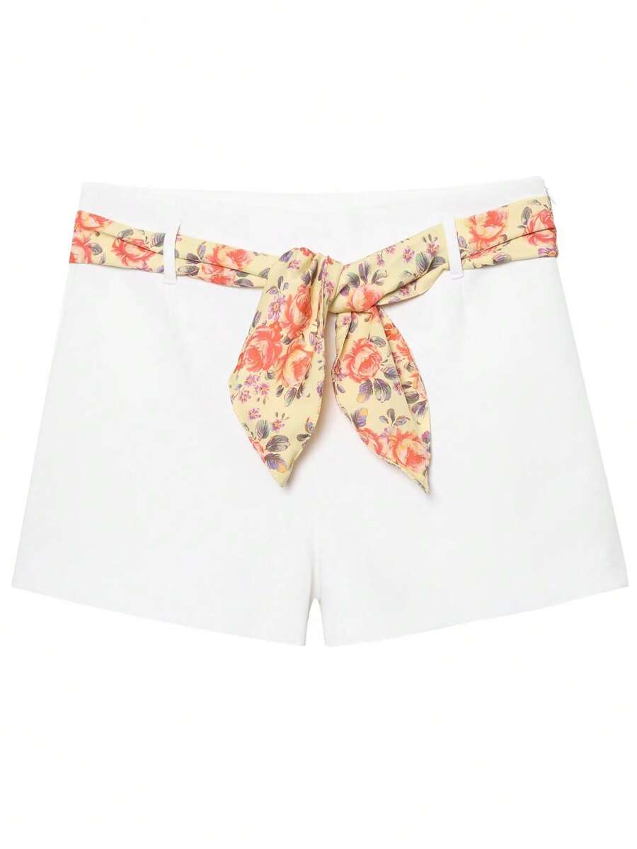 Pantalones cortos de mujer con cinturón estampado, casuales, de talle alto. Pantalones cortos bombachos mini con cremallera lateral, ropa urbana de verano - Blanco - Ver 1