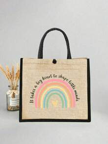 מתנה להוקרה למורה תיק טוטה אופנתי גדול עם הדפס "קשת בענן" והדפס "מורה", ארנק מפשתן שחור למטבעות, תיק איפור, בטנה וללא סגירה - מושלם למחנכים ולצוות בית הספר, מתנת תודה למורה, אביזרים אופנתיים וקז'ואל לטיולים, חופשות, נסיעות יומיומיות - חאקי - ראה 4