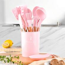 Wooden Handle Silicone Kitchen Utensils 11-Piece Set With Storage Bucket, Ten Colors Silicone Kitchen Utensils Cooking Spoon And Spatula 11-Piece Set - Dark Grey - View 4