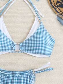 女士夏季沙滩格纹系带露背圆环比基尼套装