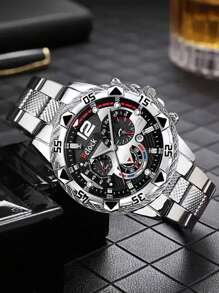 4pcs/Set Men's Business Watch Set, Stainless Steel Quartz Watch With Round Dial & Indicator, Comes With Fashion Pendant Necklace, Bracelet And Ring, Ideal Gift For Men
