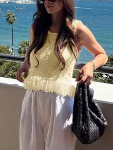 Women's Street Style Casual Simple And Sexy Round Neck Regular Fit Sleeveless Fringed Slim-Fit Knitted, Crochet Crop Tank Tops Sleeveless Fringe Boho Knit Sweater, Spring Summer - Beige - View 5