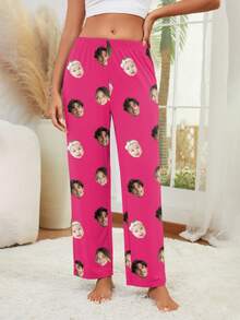 Pantalones largos cómodos y únicos personalizados para mujer, pantalones de pijama divertidos con estampado de foto personalizado en tonos neutros, patrón personalizable de tres cabezas - Rosa Fucsia - Ver 5