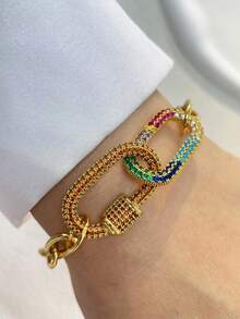 STYLEVER 1件装金色登山扣手链，不锈钢链条，多色手链，螺丝锁扣手链，双扣彩色链条 - 金黃色 - 查看 9