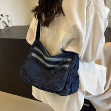 Women's Large Denim Crossbody Tote Bag - Adjustable Shoulder Strap, Multiple Zipper Compartments And Wrist Strap, Lightweight And Durable Canvas Wallet, Suitable For Casual Retro Daily Use, Shopping, Work - Xanh đậm - Xem 4