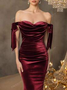 Vestido de noche de sirena de lujo con un solo hombro, con volantes en cascada y detalles de moño - Vestidos de gala formales para eventos de alfombra roja, bodas de lujo, estrenos de teatro, galas benéficas y galas formales, vestido de fiesta, invitado de boda