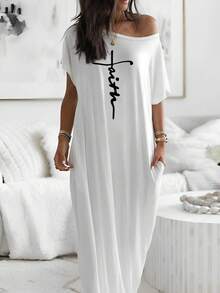 ChicMe Women Maxi Dress Letter Print Sleeveless Casual Loose Fit Shoulder Strap Long Dress Loose Fit With Pocket Casual Daily Wear - White - View 1