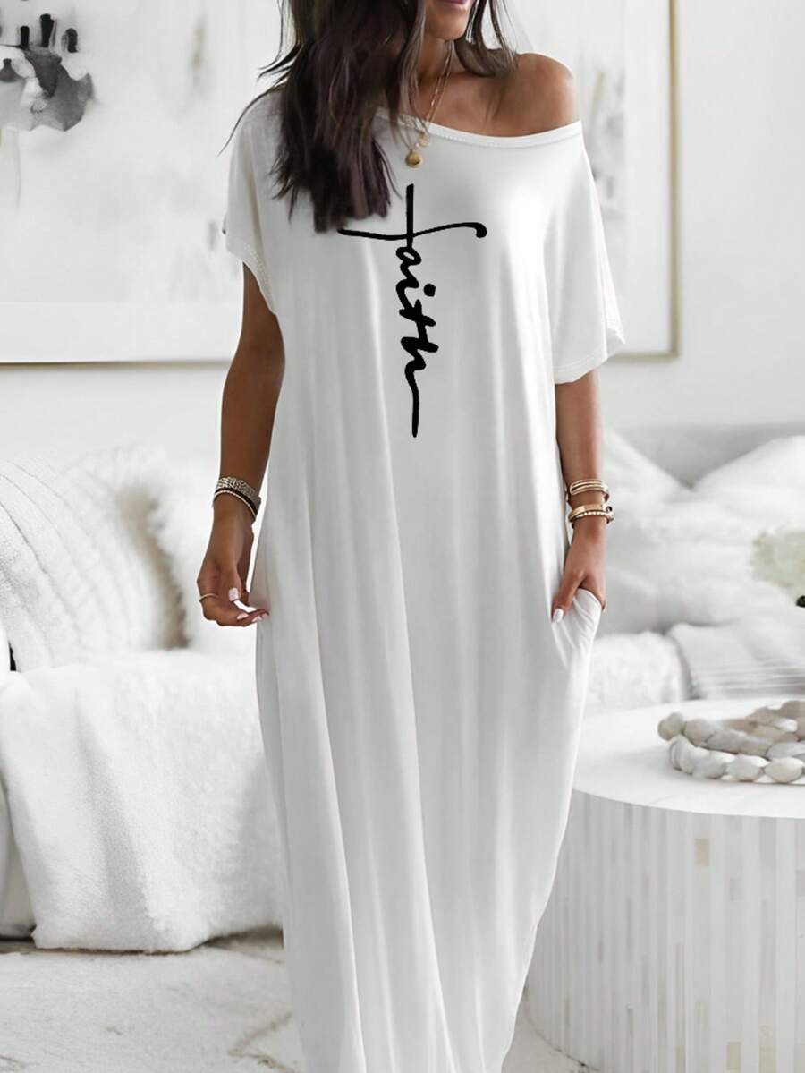 ChicMe Women Maxi Dress Letter Print Sleeveless Casual Loose Fit Shoulder Strap Long Dress Loose Fit With Pocket Casual Daily Wear - White - View 1