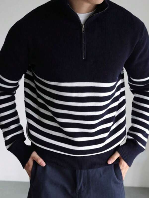 Men's Striped Zip-Up Long Sleeve Knit Sweater