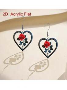 1 Pair 2D Acrylic Heart & Rose Flower Earrings, Minimalist & Romantic Women Earring Gifts, Suitable For Everyday Wear, Parties, Holidays
