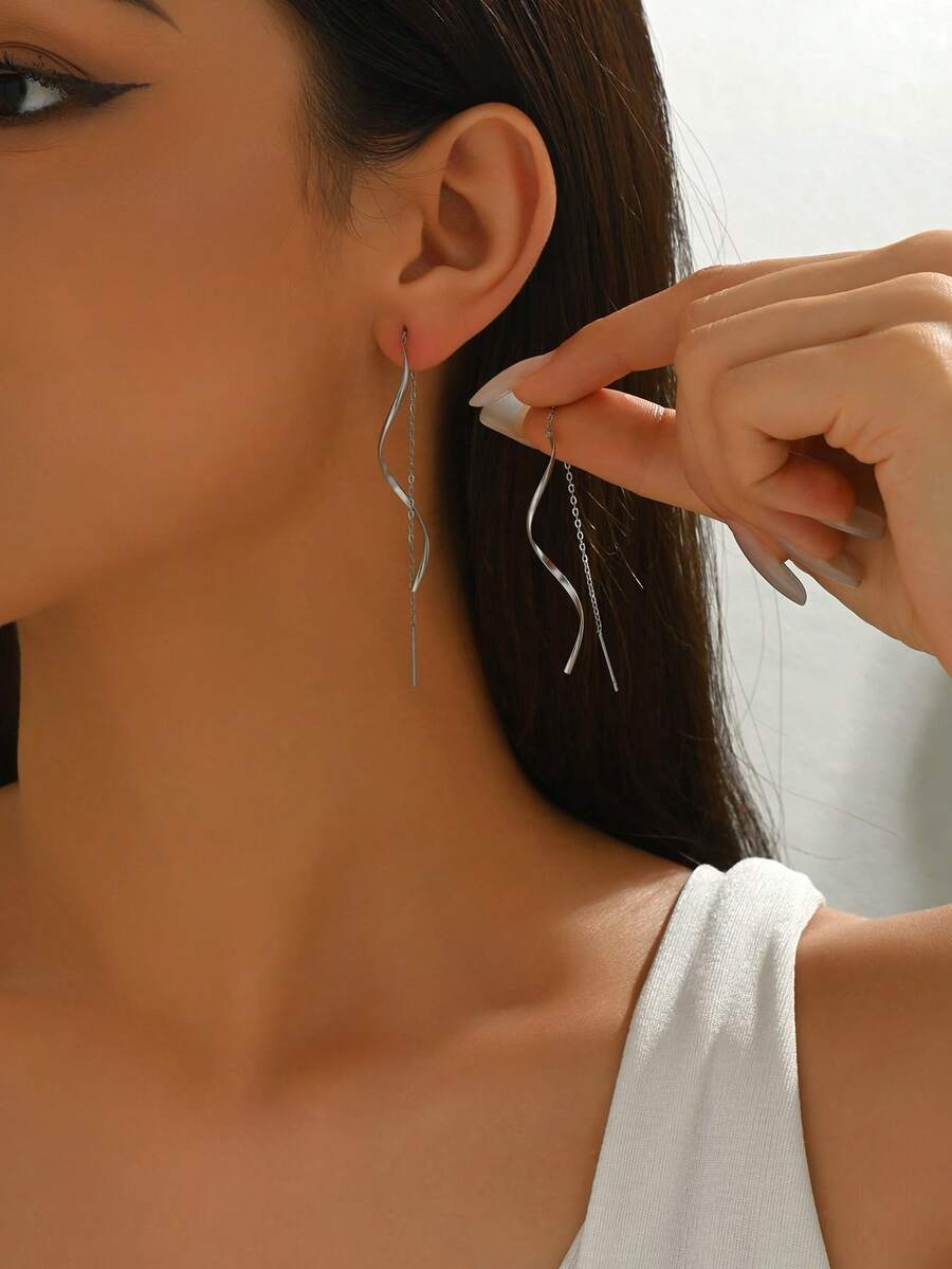 1 paire de boucles d'oreilles vintage élégantes géométriques, boucles d'oreilles longues à pendentif pour femmes au visage rond, clips d'oreilles mode - Argent - Voir 1