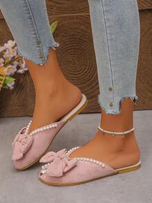 1 双女式学生返校仿珍珠设计 3D 蝴蝶结平底凉鞋，户外时尚圆头系带拖鞋，浅粉色家居拖鞋，适合婚礼、工作、学校、宿舍、度假、海滩 - 淺粉色 - 查看 2