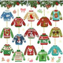 Set de 15 piezas Pintura de diamantes a doble cara con temática de suéter navideño que incluye llavero, colgante DIY de pintura de diamantes, manualidades de pintura de diamantes, regalo ideal para decorar en Navidad