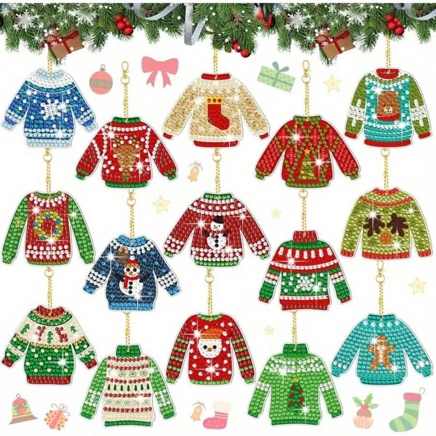Set de 15 piezas Pintura de diamantes a doble cara con temática de suéter navideño que incluye llavero, colgante DIY de pintura de diamantes, manualidades de pintura de diamantes, regalo ideal para decorar en Navidad