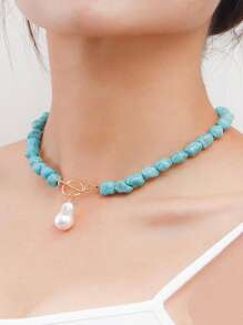 1pc Asymmetrical Turquoise & Faux Pearl Pendant Necklace For Women, Handmade Beaded Necklace With Varying Turquoise Patterns, Suitable For Everyday Wear