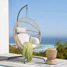 Silla colgante tipo huevo para interiores y exteriores con soporte, silla colgante tejida con cuerda con forma de capullo sobredimensionada, cojín, correa de seguridad, silla de hamaca plegable de mimbre para terraza, jardín, dormitorio (Blanco crema)
