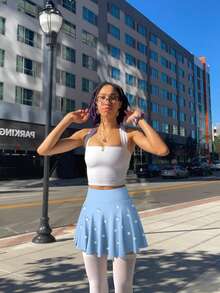 Women One Piece Skirt 2 In 1 Flowy Basic Versatile  Stretchy Flared Casual Mini Skirts - Camellia Candy Blue - View 3