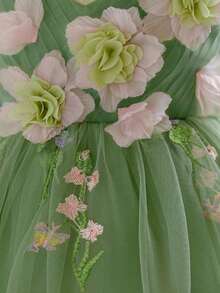 Baby Girls V-Neck 3D Floral Embroidered Mesh Princess Dress, Suitable For Party, Flower Girl, Wedding, Does Not Include Headband - 綠色 - 查看 7