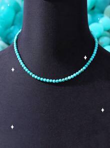 1 Pc Vintage Elegant Turquoise Beaded Necklace, Simple Turquoise Choker Necklace For Women Everyday And Holiday Wear