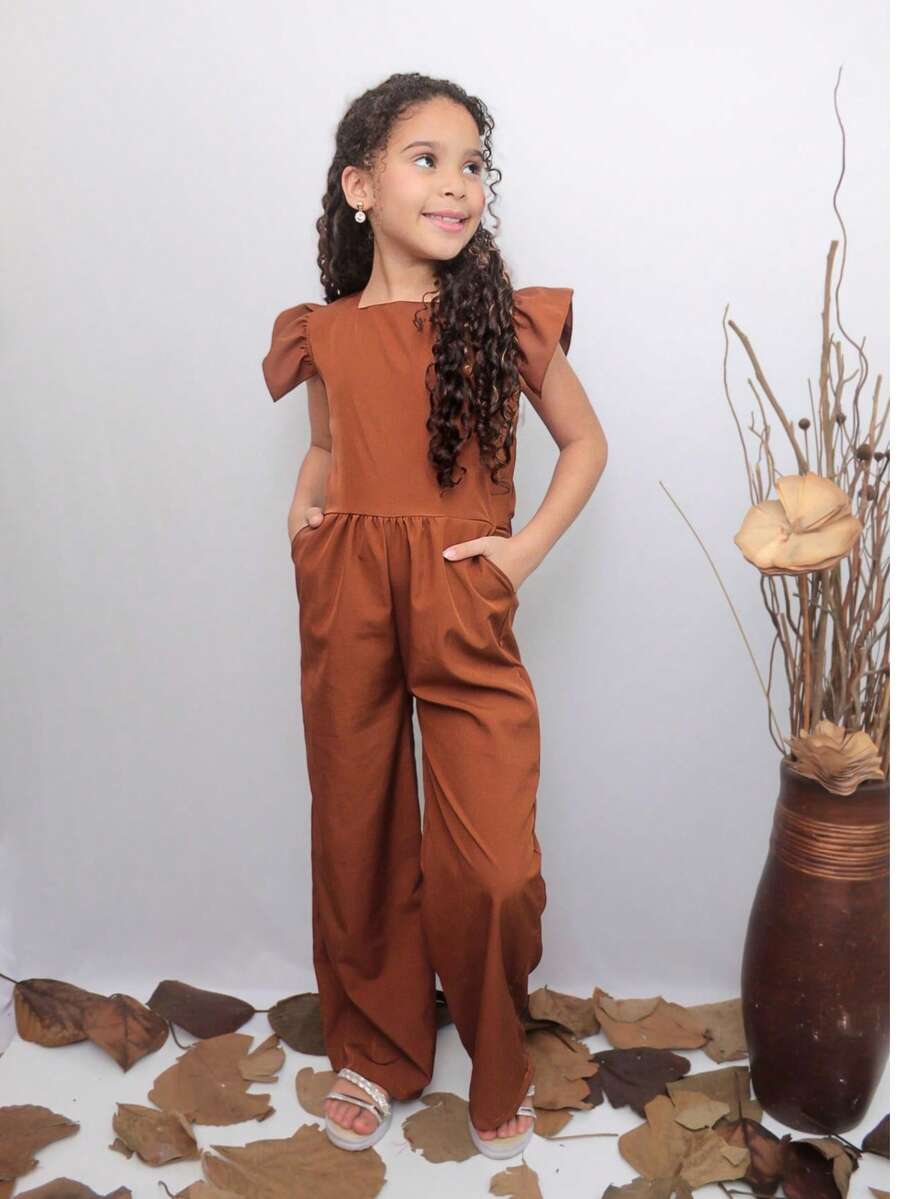 Stylish Long Jumpsuit For Children And Young People - Rust Brown - View 1