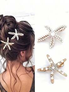 3pcs Vintage Faux Pearl Decor Starfish Shaped Hair Clip Stylish Hair Bun Maker Accessory, Suitable For Women And Girls For Daily Wear, Claw Clips, Clips For Hair, Hair Slide, Hair Claws - Multicolor - View 10
